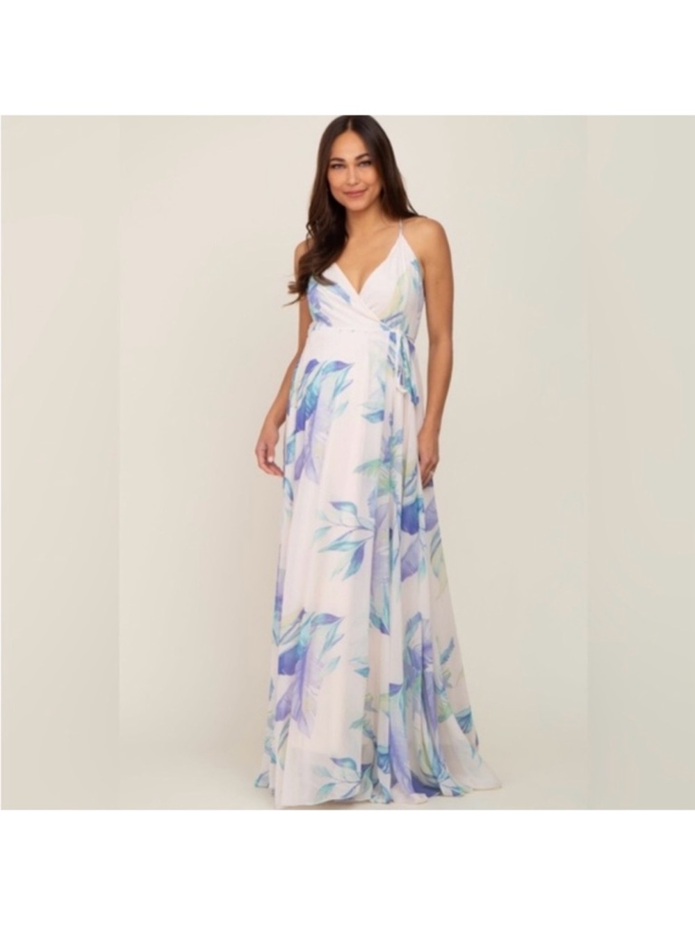 Onetheland Pastel Floral Wrap Maxi Dress White with Blue and Lavendar NWT S,M,L